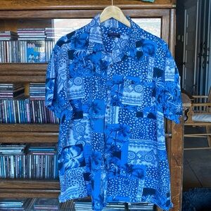 HATHAWAY CLASSICS XXL Blue/White Hawaiian Type Short Sleeve Shirt Heavy Rayon